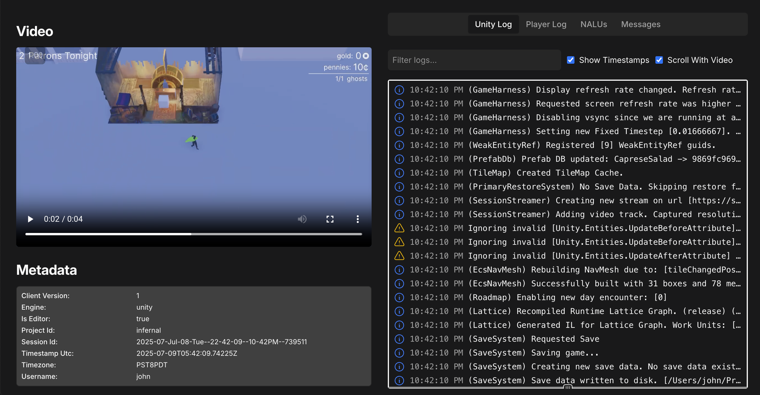 Session detail page showing video playback and log viewers